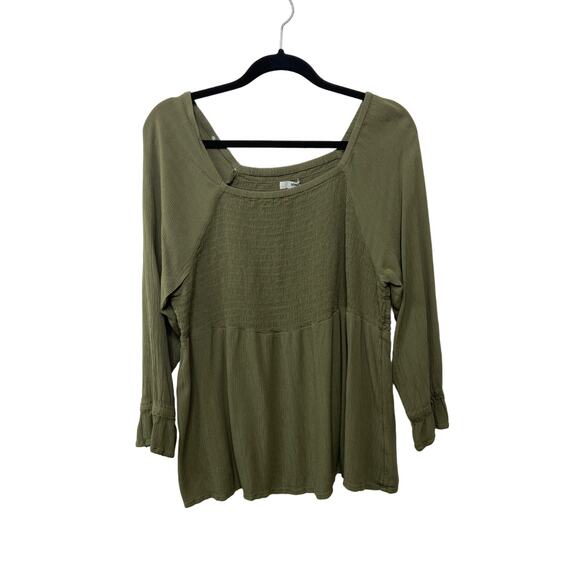 Sonoma Goods for Life Smocked Long Sleeve Blouse Pullover Olive Plus 0X Boho - Picture 1 of 7